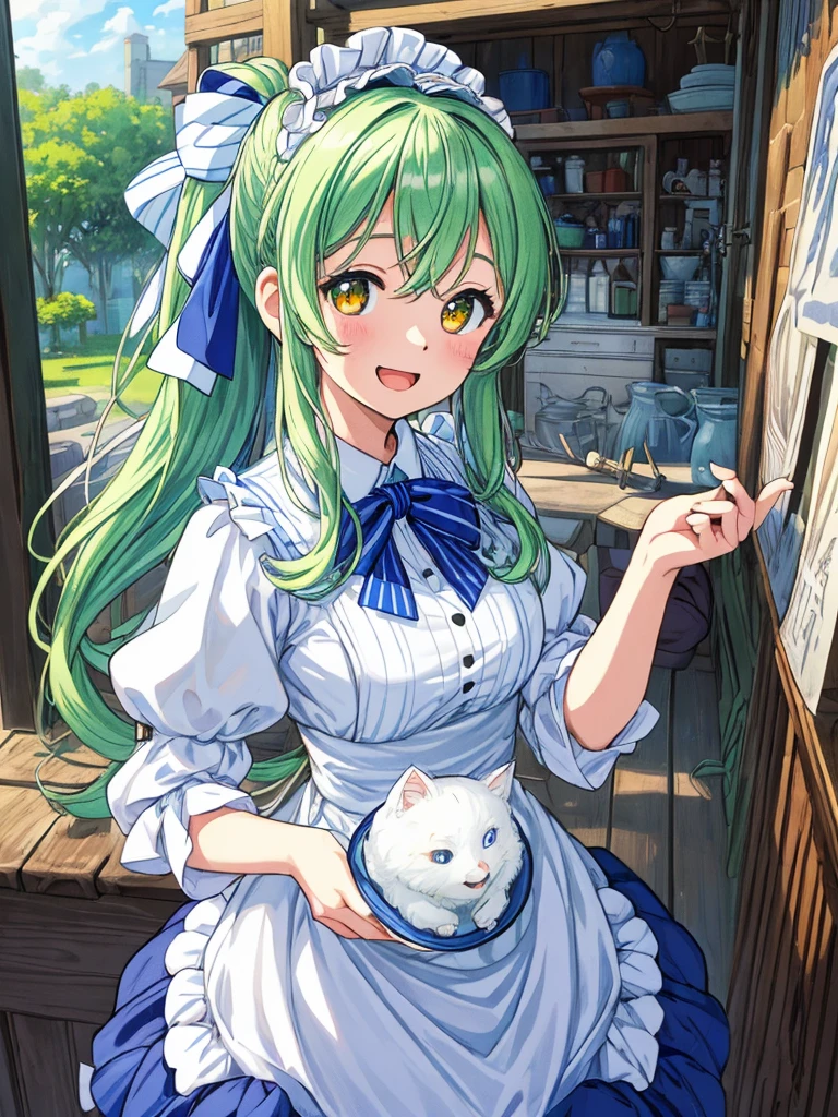 Masterpiece, official art, ultra detailed, top-quality, ultra-definition, high resolution, best quality, perfect eyes, perfect face, 1girl, solo,  hourglass figure, Pretty blue and white striped dressed waitress, Neon Green hair, Orange eyes, Loli face, anime girl, ((ultra-detailed illust:1.2)), only one person, bangs, right long side ponytail, blue and white striped ribbon in her hair, hair between eyes, beautiful hair, beautiful eyes, Medium chest, Big smile, opened mouth, white cute cat on girl's head, in front of the workshop house