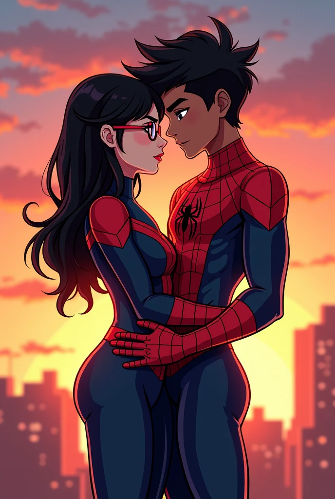 Cartoon drawing of a dark-haired boy with long hair with red tips on top and shaved on the sides with a part in the middle, while wearing a Miles Morales Spiderman suit, and a girl who wears glasses, with long black hair and wearing a red lasso, while wearing the SpiderGwen suit, Both boys are kissing each other with a sunset in the background