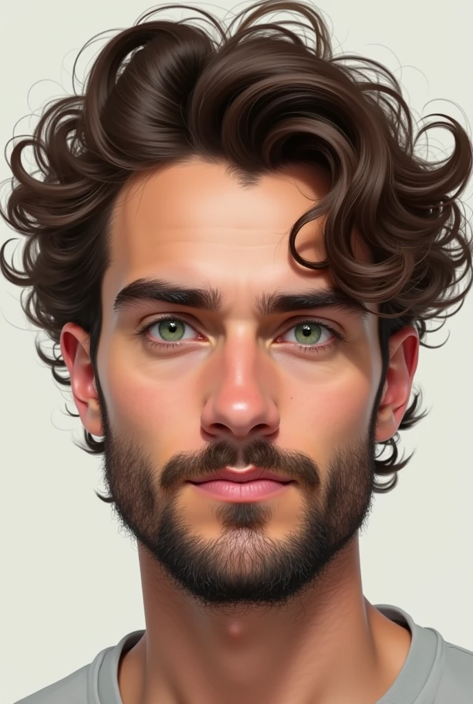 Create a man according to the reference: A man of 25 years old, white of big green eyes, medium brown curly hair, pointy nose, drawn mouth, closed beard, thin chin, circle face. Realist Picture