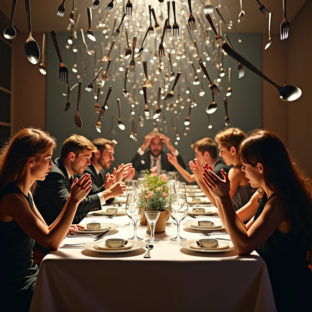 realistic photograph of a shower of hundred of forks, knives and spoons, all metal, falling on a dining room, people sitting at the table cover their heads for fear of being hit by the cutlery, the impressionistic effect is created