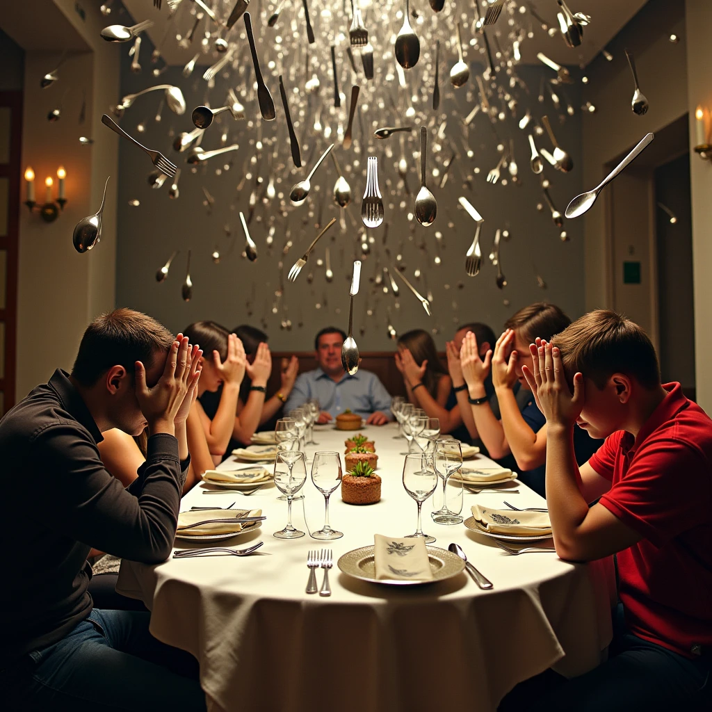 realistic photograph of a shower of hundred of forks, knives and spoons, all metal, falling on a dining room, people sitting at the table cover their heads for fear of being hit by the cutlery, the impressionistic effect is created
