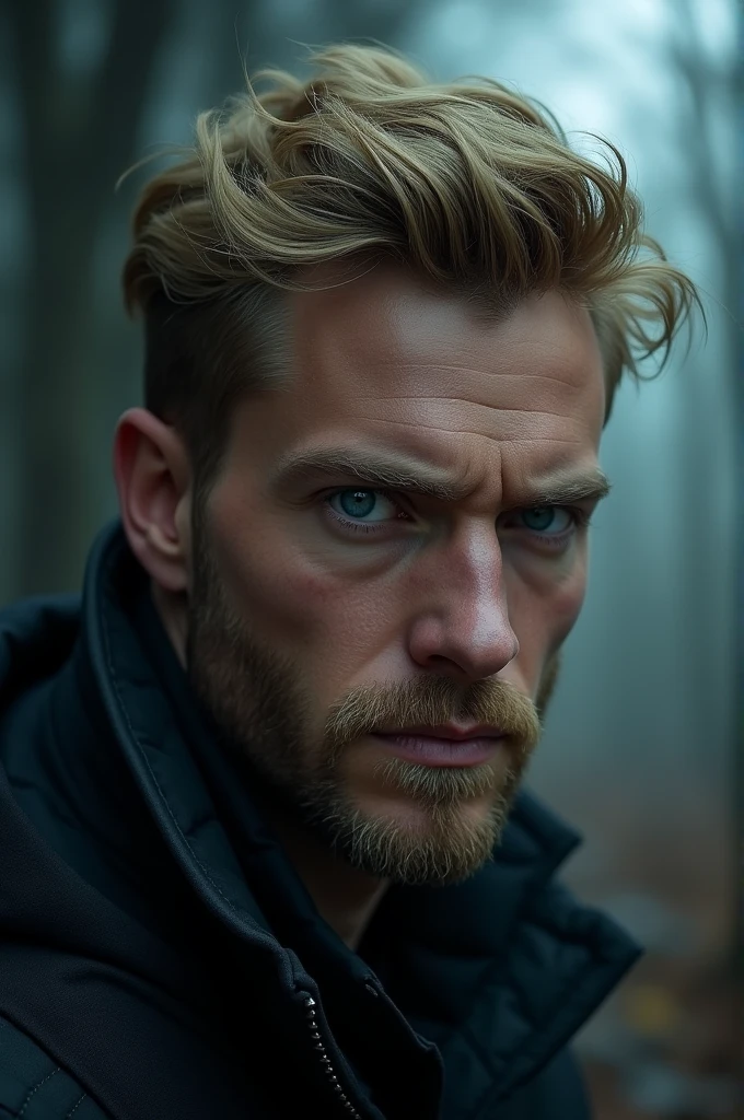 Dark blonde man with gray blue eyes