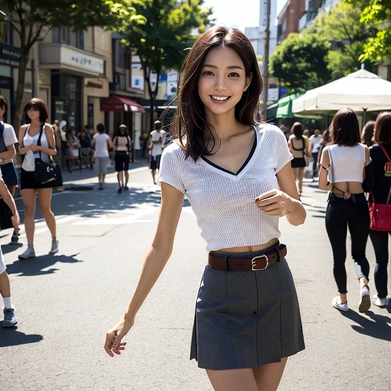 (((Only one girl、Japanese、Skinny athletic model、Flat Chest)))、50 years old、(For striped tops、Pair with a high-waisted A-line skirt。The top is a little fitted、The skirt is flared for easy movement、Create a feminine silhouette。)))、The best smile、A scene of her strolling around town on the weekend。Tuck the top into the skirt、Add a belt as an accent for a stylish look。