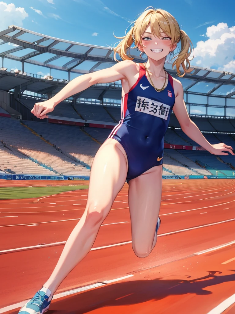 nsfw, (8k、Best image quality、Highest quality、masterpiece)、Detailed face、Detailed Background, Improve、A beautiful 18 year old woman, 45-year-old male, (Golden Hair:1.3), Short pigtails, (flat chest:1.3), Beautiful thighs, (Completely naked:1.5), Gold Necklace, Earrings, (grin:1.8), (Blushing:1.4), (Sprinting on the athletics stadium:1.5), Dynamic Angles, full body,