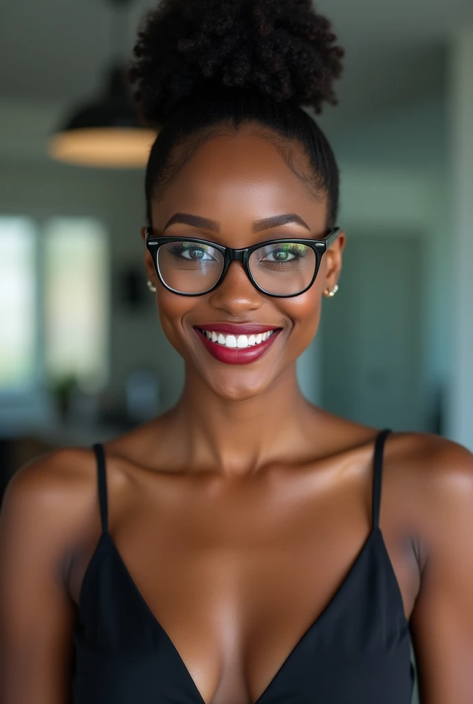black office woman with space bun hair style showing big tits and clevage, lipstick, and glasses smiling to camera; 4k; high quality