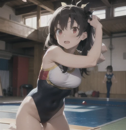 Ishtar of Fate Grand Order as a gymnast wearing a leotard and performing gymnatics (full body), bare arms