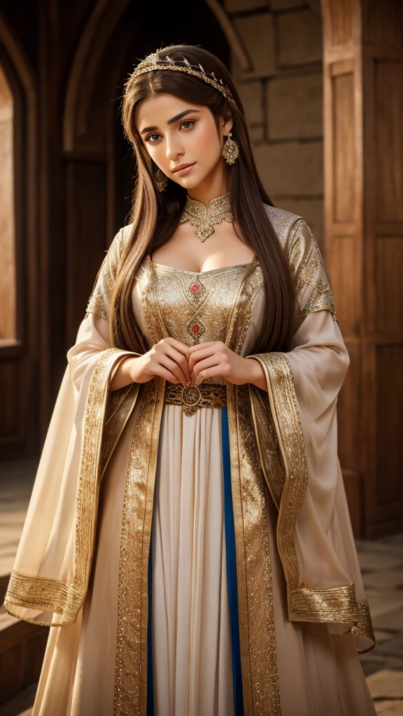 [full body shot] professional, (4k image:1.1), (Sharp Focus:1.3), Very detailed, woman from resurrection ertugrul, beautiful detailed face, sparkling eyes, long light hair, medieval turkish clothes, natural background (attractive woman:1.3), (blushing:1.1), perfect hands,  --Detailing, full body, a lot of femininity, Dazzling, muse, --Unreal движок 5. 