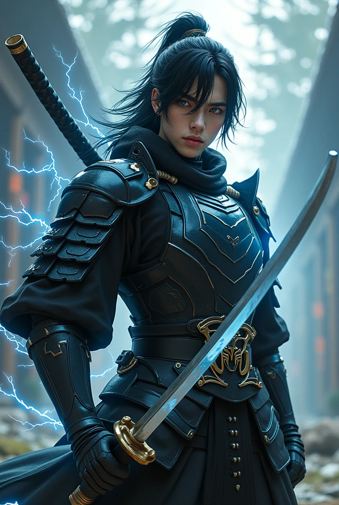Katsuo Miyamoto. Um jovem de 25 anos, of Japanese nationality, where he uses a katana and has electrical powers He has dark green eyes, blackquality hair, a fringe parted in the middle, and pale skin His outfit is all-black samurai armor, but in fact a heavy samurai armor