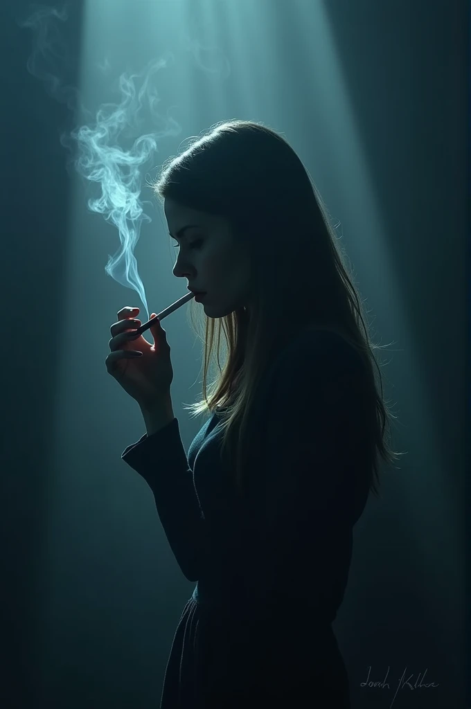 Cover of a dark romance book with blue and black main colors with a girl smoking bringing melancholy and depression