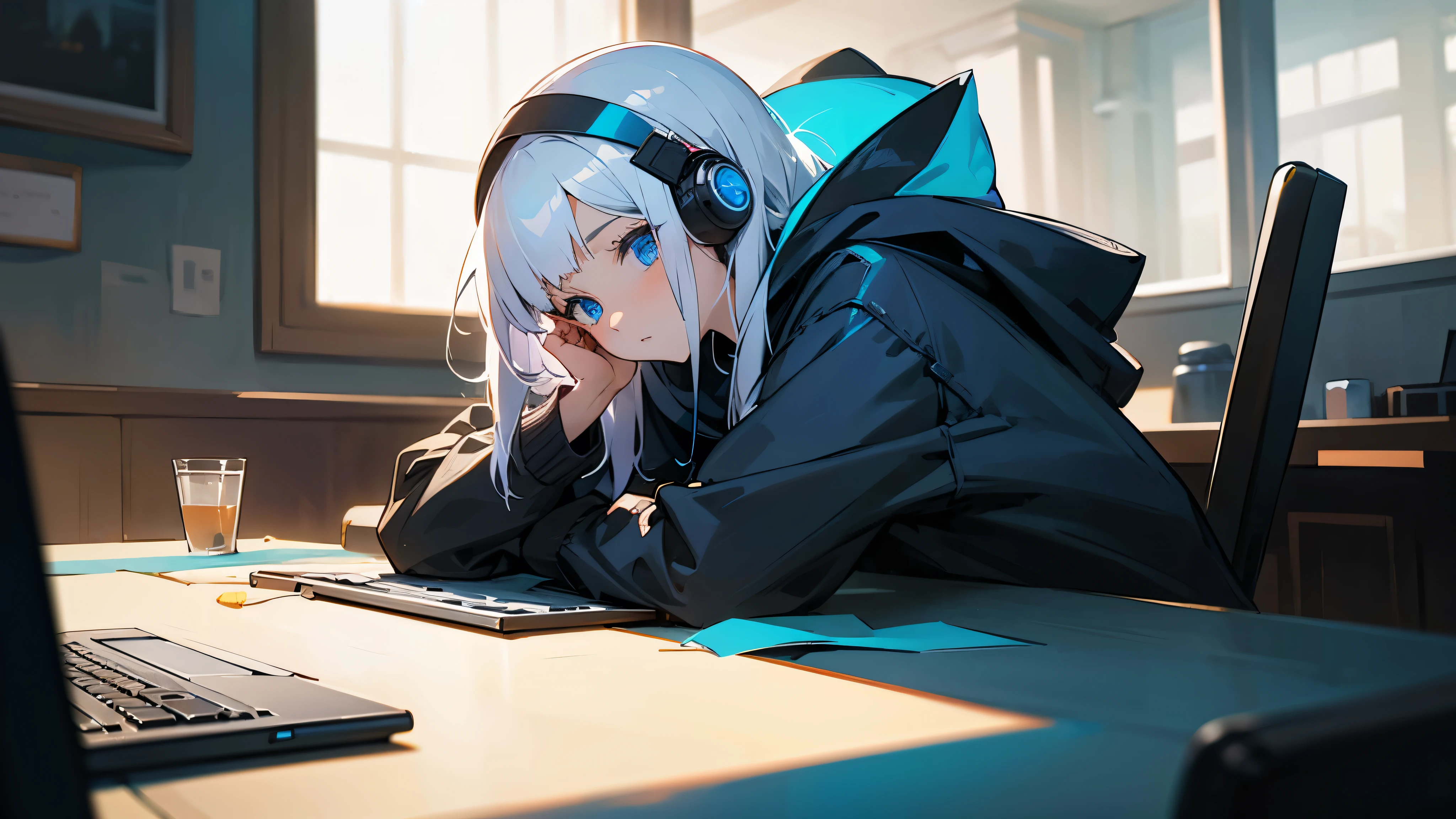 Best quaility, masterpiece, 4k, at night, A girl with white hair with blue eyes and around middle school age was wearing a hoodie, cheek cane, she wears a headset, she is facing the PC and not facing me, so I can't see her face, she is in a cafe which has sunlight shining in the building, working on something on her note PC