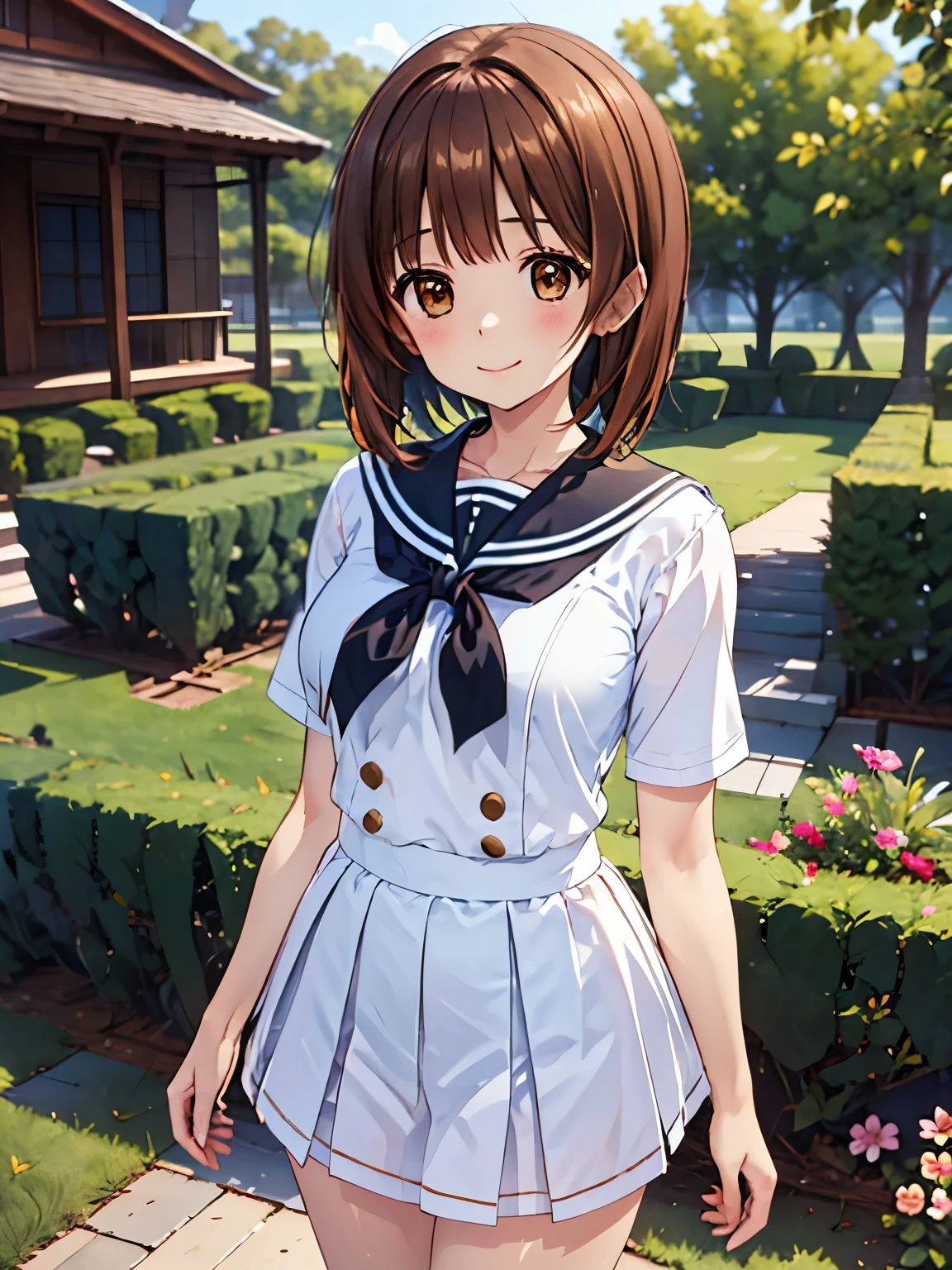 Very detailed, Absurd, Ultra-high resolution, Very detailed, Fluffy、(Moe:1.10),Highest quality,West Spring,short hair、Brown eyes、uniform、One Girl, alone,garden、Beautiful flowers々、smile、Closed Mouth, Are standing,cuteポーズ, Cowboy Shot,Become thinner, cute, Perfectly symmetrical face,  Very detailed目, Ultra detailed hair, 超cute, so beautiful, 