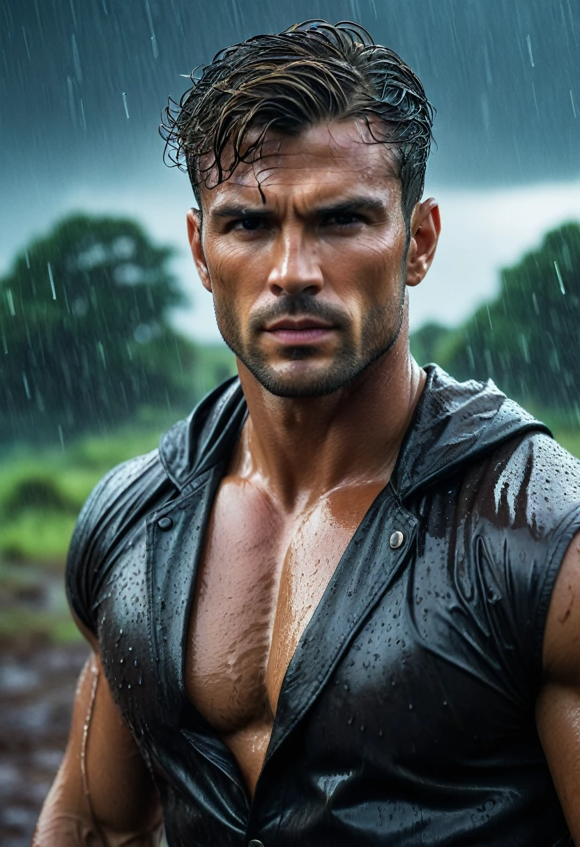 realisitic:1.3,( fotorrealisitic, 8k, RAW Photos, premium quality, Masterpiece artwork, Epic lighting. up close, Centered image), (foreground),((1 man handsome, well-formed and self-confident muscles, Post-apocalyptic, warrior, Rostro y cuerpo perfectamente detallados, (foreground), rainy scene, poor lighting due to rain,(( face and body wet from the rain:1.5)),atmospheric lighting, dynamic pose, beautiful and detailed hair, leather clothing)), ((Imaginative scene)),((perfect, meticulously detailed.:1.3)), ((Accurate shot: 1.4)), ((best qualityer )), ((work of art)), 3d, (hyper detailled: 1.3), ((Epic setting: 1.3)), ((natta background: 1.3 ))), (((natta:1.2))), ( Fotorrealisitic: 1.4), ((frontal camera)),( (Low-light natta cinematic lighting: 1.2)). 32