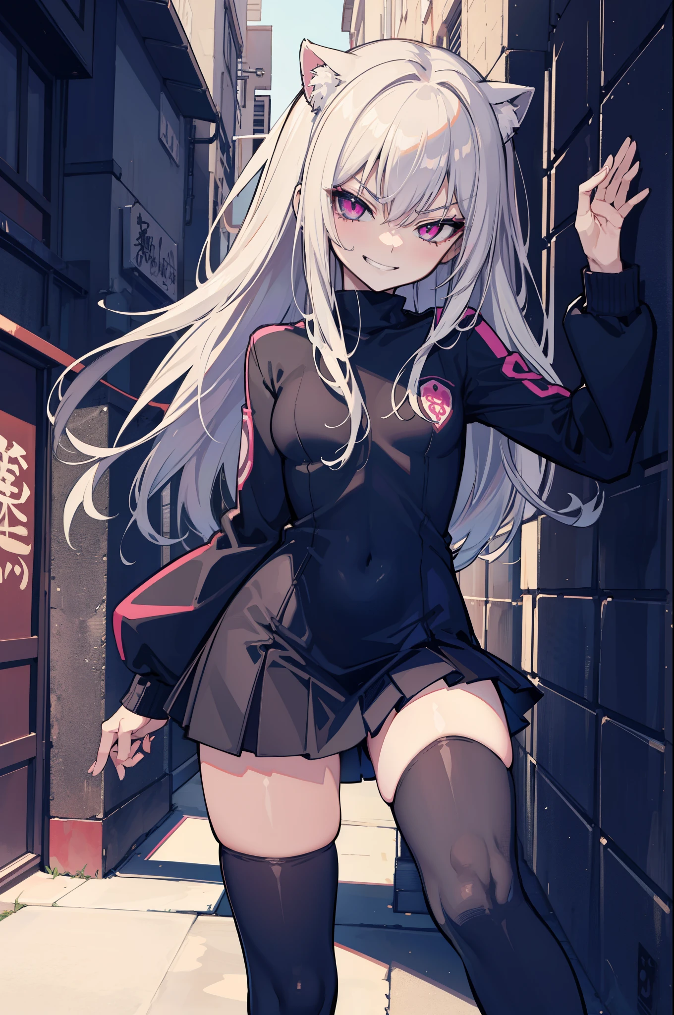 (hentai:1.2), (ideal:1.1), (perfection:1.1), (flawless:1.1), (best quality:1.2), (highest quality:1.2), dark alley, 1girl, solo, (evil smirk:1.2), sexy pose skirt, thigh high socks, blouse, shirt, young girl, (thick thighs:0.9), (small breasts:1.1), athletic body, high quality eyes, highly detailed, 4k, best resolution, high quality shadows, high quality light, best quality upscale, most beautiful upscale