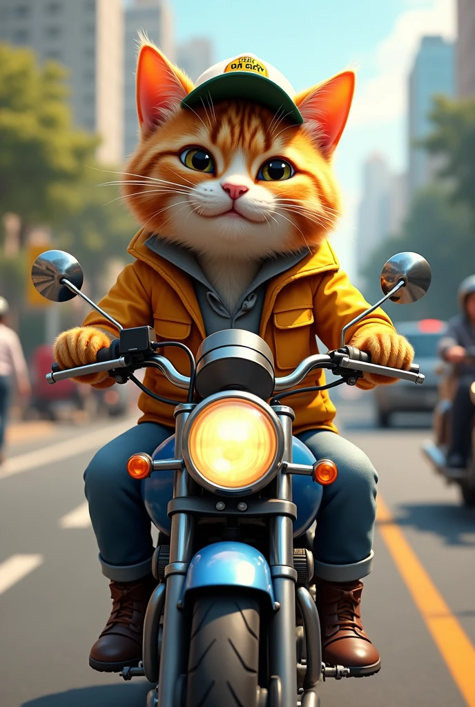 A hardworking cat , who works with motokar(motorcycle taxi) happy