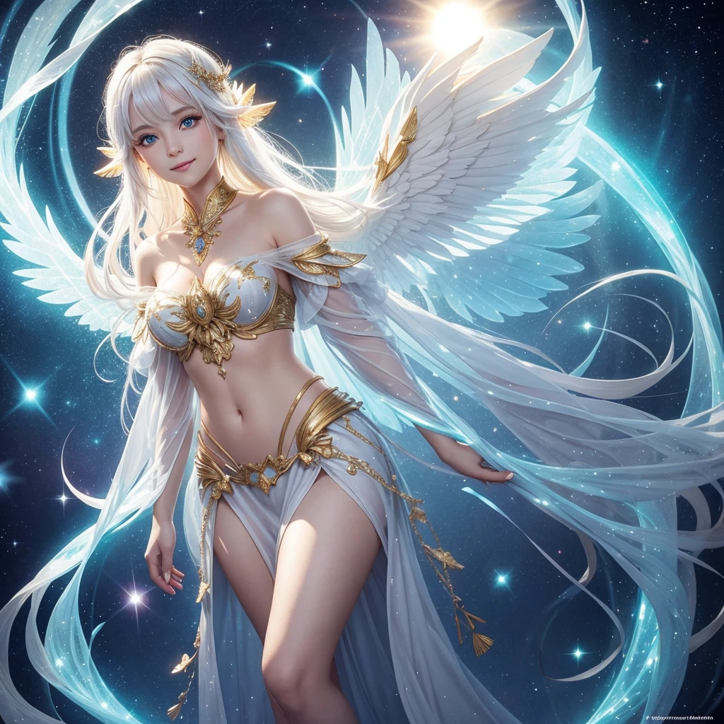 "A Luminous Fairy, a radiant being who harnesses the power of light and hope. She has flowing golden or white hair, with wings that shimmer like transparent prisms, reflecting light with a celestial glow. Her eyes are bright and shining, radiating warmth and compassion. She appears to be in her late 20s, though her true age remains unknown. Her attire is elegant and moderately revealing, adorned with light-infused patterns that exude a divine and heavenly aura. Her expression is warm and nurturing, with a gentle, reassuring smile and eyes that convey a deep sense of kindness. Luminous Fairies are born from particles of light in places blessed by the sun or stars, embodying the essence of hope and healing."