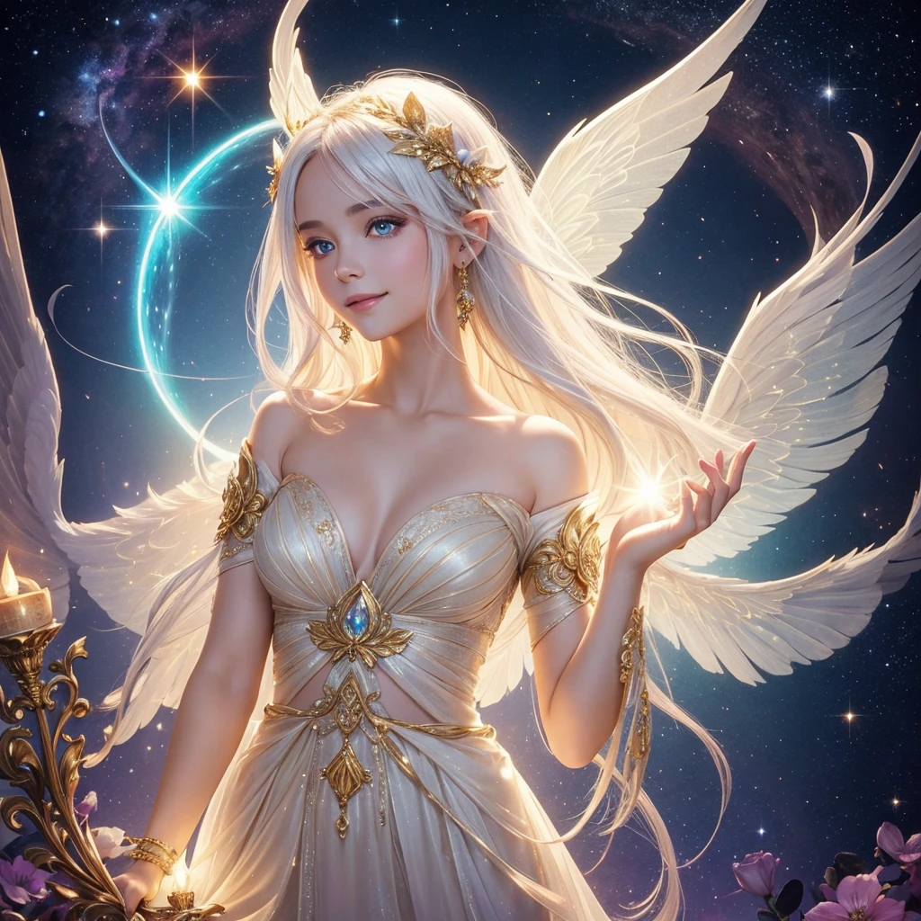 "A Luminous Fairy, a radiant being who harnesses the power of light and hope. She has flowing golden or white hair, with wings that shimmer like transparent prisms, reflecting light with a celestial glow. Her eyes are bright and shining, radiating warmth and compassion. She appears to be in her late 20s, though her true age remains unknown. Her attire is elegant and moderately revealing, adorned with light-infused patterns that exude a divine and heavenly aura. Her expression is warm and nurturing, with a gentle, reassuring smile and eyes that convey a deep sense of kindness. Luminous Fairies are born from particles of light in places blessed by the sun or stars, embodying the essence of hope and healing."