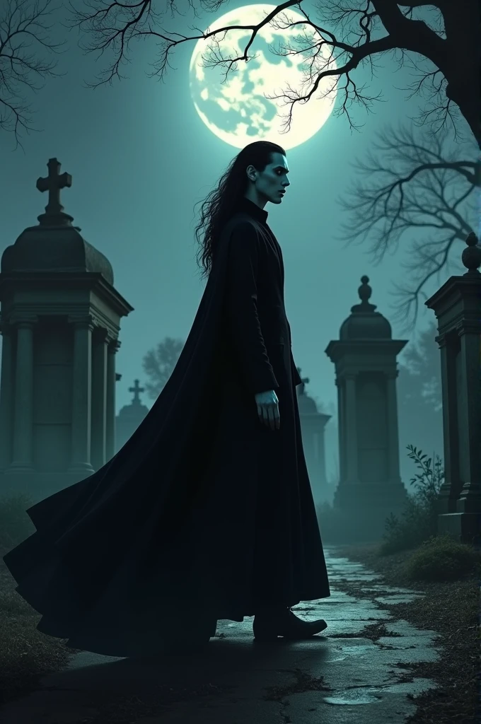 White Human Vampire, Handsome, Long hair, black cape, Walking through a cemetery at night 