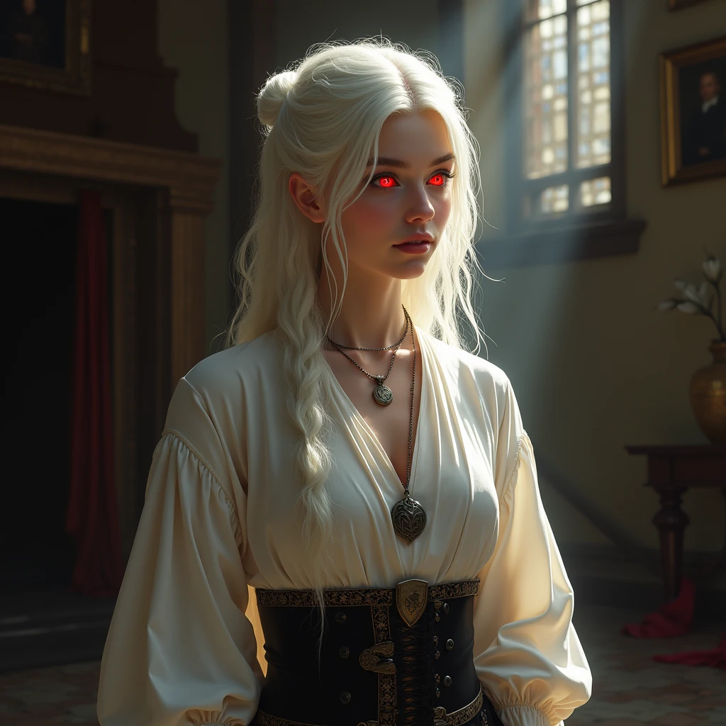 a beautiful girl, calm, beautiful face, vampire, bright red eyes, white long hair, pale skin, hairstyle bun at the back, white ancient shirt, black ancient pants with armor, flat body shapes, furnishings of an old castle, sun rays, dark atmosphere, An amulet around his neck, photorealism
