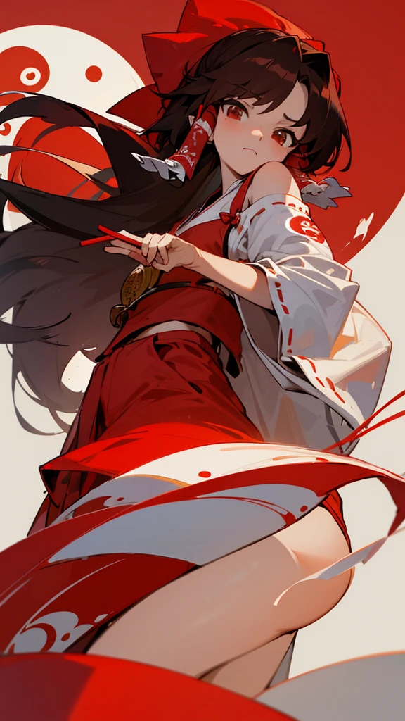 `Reimu Hakurei` with reddish brown eyes, wearing a Big and Long red ribbon, and matching tubes on the sides of her hair. wearing a Big and long red and white Kimono, with Yin-Yang pattern, and Evening background.