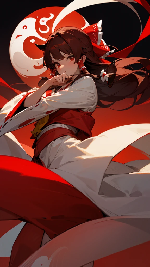 `Reimu Hakurei` with reddish brown eyes, wearing a Big and Long red ribbon, and matching tubes on the sides of her hair. wearing a Big and long red and white Kimono, with Yin-Yang pattern, and Evening background.