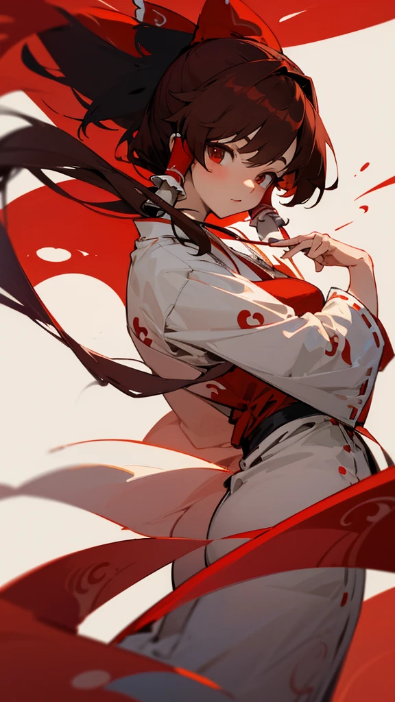 `Reimu Hakurei` with reddish brown eyes, wearing a Big and Long red ribbon, and matching tubes on the sides of her hair. wearing a Big and long red and white Kimono, with Yin-Yang pattern, and Evening background.