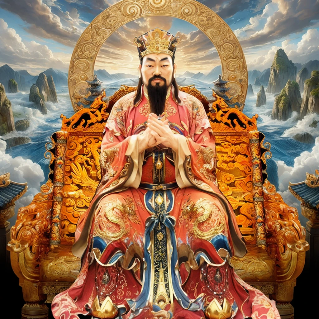 an ancient chinese god emperor sit on throne, one hand in front of another hand, good looking man with beard, long big ears
