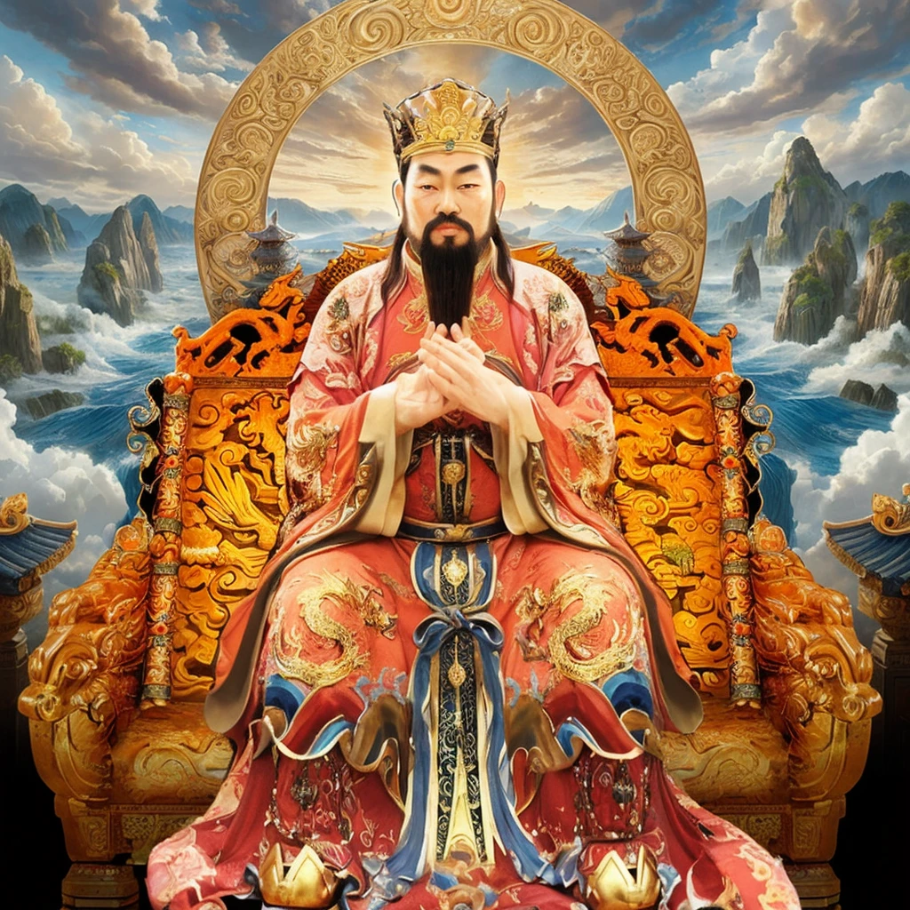 an ancient chinese god emperor sit on throne, one hand in front of another hand, good looking man with beard, long big ears
