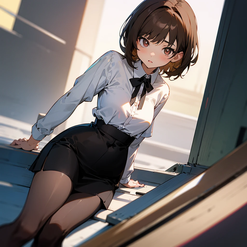 anime girl sitting, with a top-type blouse leaving her abdomen exposed, abdomen a little chubby, and a black skirt with tights on the legs, brown eye pupils, clear skin, short brown hair.