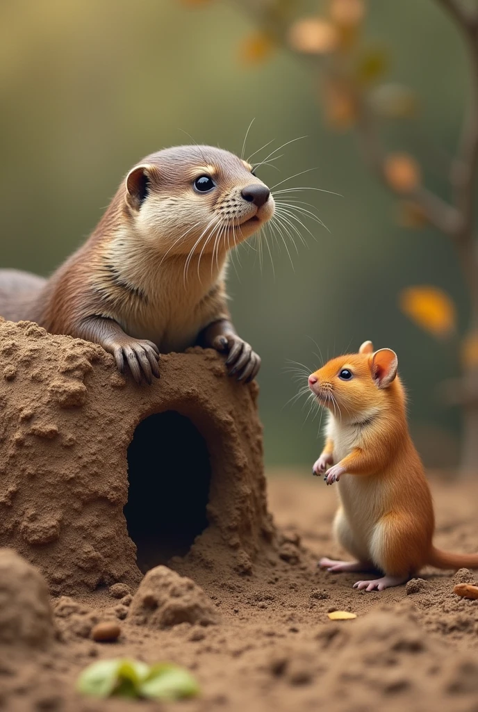 An otter building a mud house and a hamster looking at it with curiosity.
