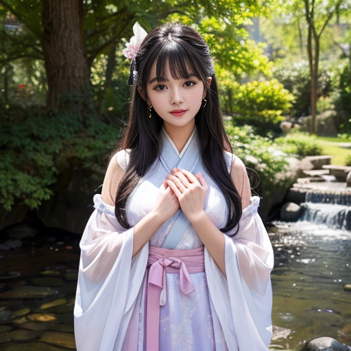best quality, Delicate face,beautiful visual work, lifelike, eternity, black hair, Long curly hair, blunt bangs, Smile, Detailed Background, Delicate face,blush,cold,((masterpiece))、(top quality)、8k、high detail、Super detailed,21 years old female,身穿唐制Hanfu、waist skirt, Clothes are light and fluffy,Hanfu, wide sleeves, Transparent sleeves, Tunic, Clothes made of chiffon, Seductive and whimsical style、masterpiece、born、Scenes resembling fairy tale illustrations、intricate details和複雜的設計、Beautifully、magic、capricious、 Beautifully、Dream aesthetics、「𝓡𝓸𝓶𝓪𝓷𝓽𝓲𝓬、ethereal、charming、fickle、magic」、realism、Visual effects、FXAA、SSAO、Shader、voiceless、ambient lighting、Tone mapping、High resolution、Ultra high quality、Million pixels、(8K resolution:1.10)、8k、8k以下、8K resolution、high detail、intricate details, (high quality:1.2、masterpiece:1.2、:1.21)、(21 years old female:1.21)、(興奮地Smile)、(被dream般的氛圍所包圍、Model diagram,full-body shot,Normal 2 feet,Put your hands behind you,The protrusion of the breast is visible when wearing clothes, Large Breasts, H cup chest, antiquity, Xian Xia, gauze clothes, Soft and fluttering, Fairy, dream, fantasy, light, Elegant, nature, Immortal, romantic, classical, ribbon, light purple clothes, By the stream
