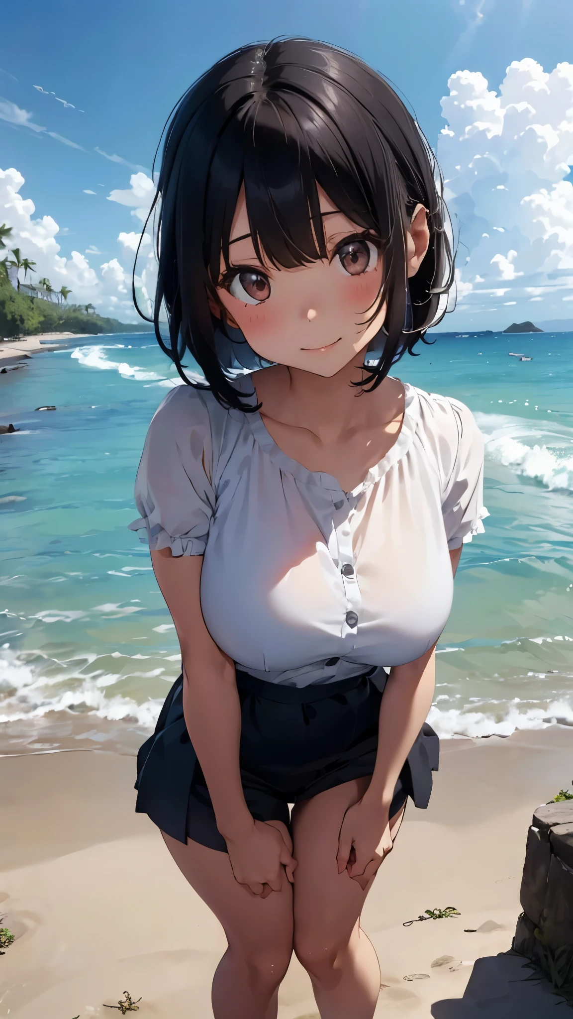 (Cute Smile、Girl with short black hair、Cute orange hair clip)、((Clothed Big Tits、A white blouse clinging tightly to a dark blue bra))、((Dark blue long flare cart、Pure white cute underwear))、barefoot、barefoot、((Sandy beach, sea and blue sky))、((The face is in focus and the background is blurred、Shallow depth of field))、Realistic、Standing posture、((Moderately large breasts、Closer valley))