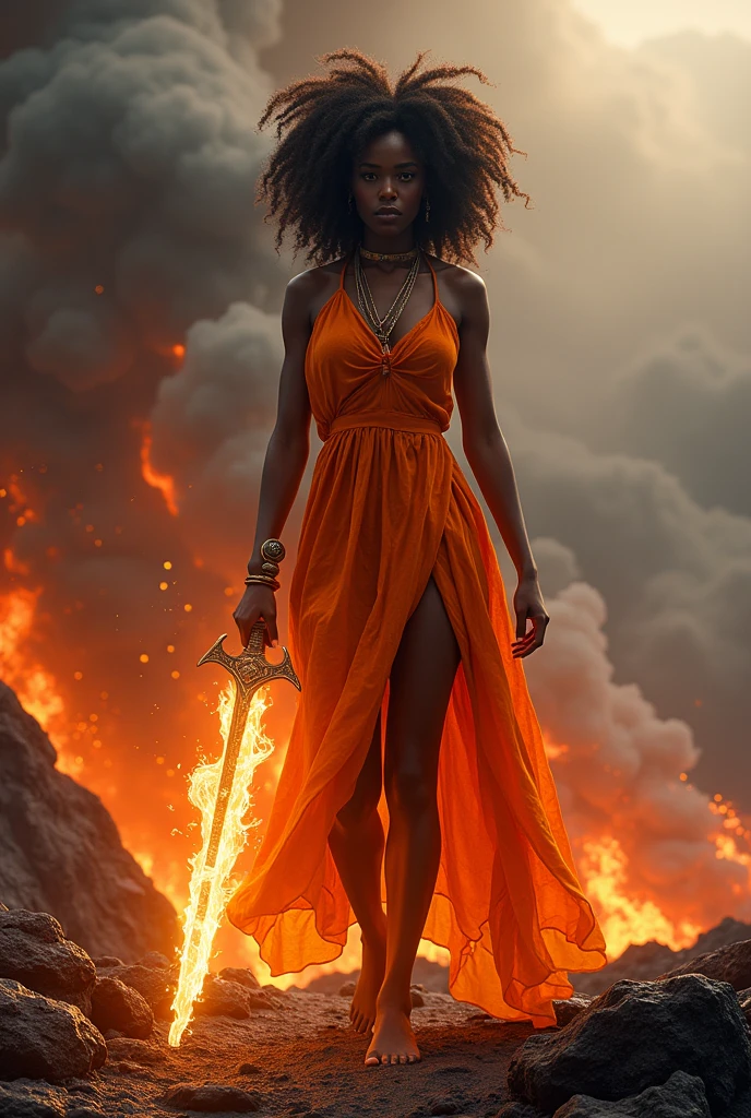 Black woman Orisha, warrioress, curly hair,  in the middle of a volcano, orange dress, with a flaming sword raised in his hand