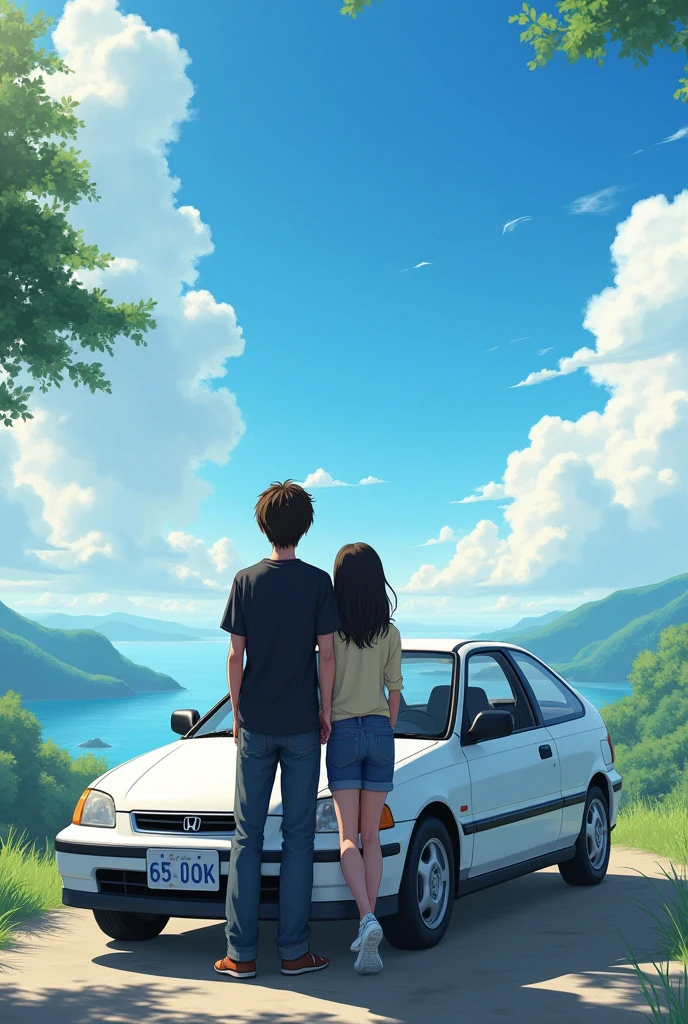 Couple leaning against a white 1995 Honda Civic coupe, envisioning a beautiful landscape. The husband is white, has 1.73 tall and weighs 63kg. He has straight, dark brown hair., light brown eyes and black loose shirt. The woman is black, has 1.59 tall and weighs 46kg. Ela tem black power. Japanese anime style photo. The woman is black!!!