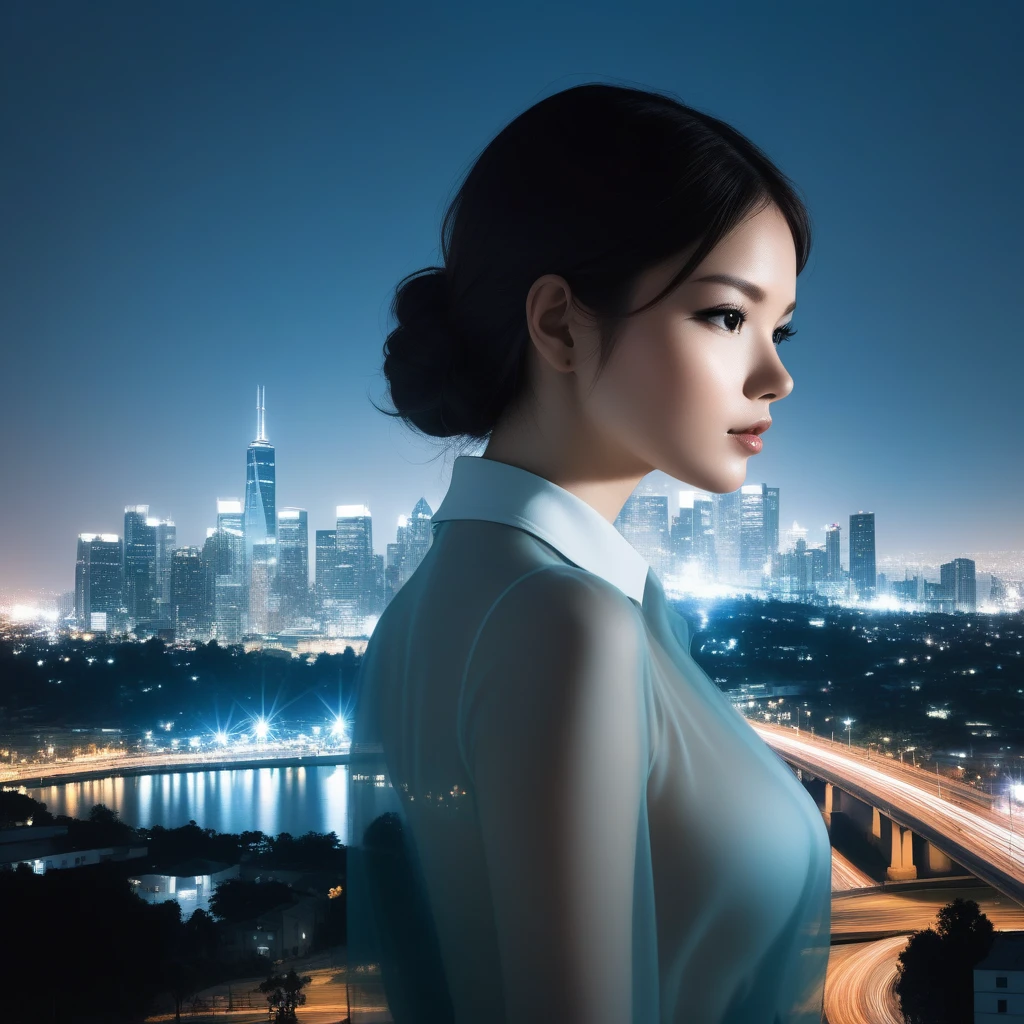 Double exposure style,The city skyline on the woman's face,Ghosting effect,Image combination,Double exposure style,1 Girl,, (masterpiece,best quality,Extremely detailed,very aesthetic, absurd)