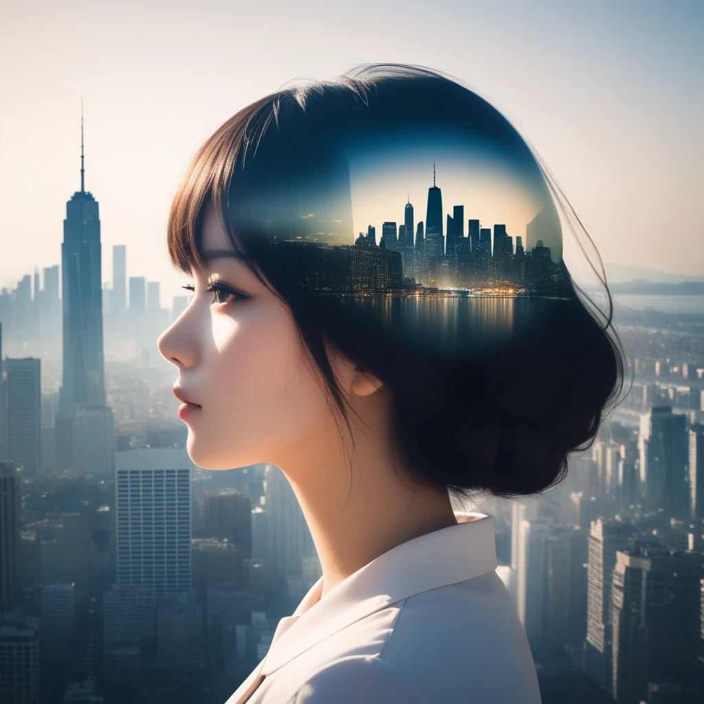 Double exposure style,The city skyline on the woman's face,Ghosting effect,Image combination,Double exposure style,1 Girl,, (masterpiece,best quality,Extremely detailed,very aesthetic, absurd)