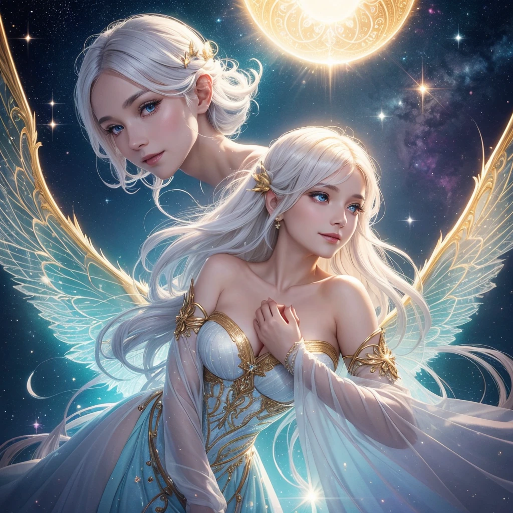 "A Luminous Fairy, a radiant being who harnesses the power of light and hope. She has flowing golden or white hair, with wings that shimmer like transparent prisms, reflecting light with a celestial glow. Her eyes are bright and shining, radiating warmth and compassion. She appears to be in her late 20s, though her true age remains unknown. Her attire is elegant and moderately revealing, adorned with light-infused patterns that exude a divine and heavenly aura. Her expression is warm and nurturing, with a gentle, reassuring smile and eyes that convey a deep sense of kindness. Luminous Fairies are born from particles of light in places blessed by the sun or stars, embodying the essence of hope and healing."