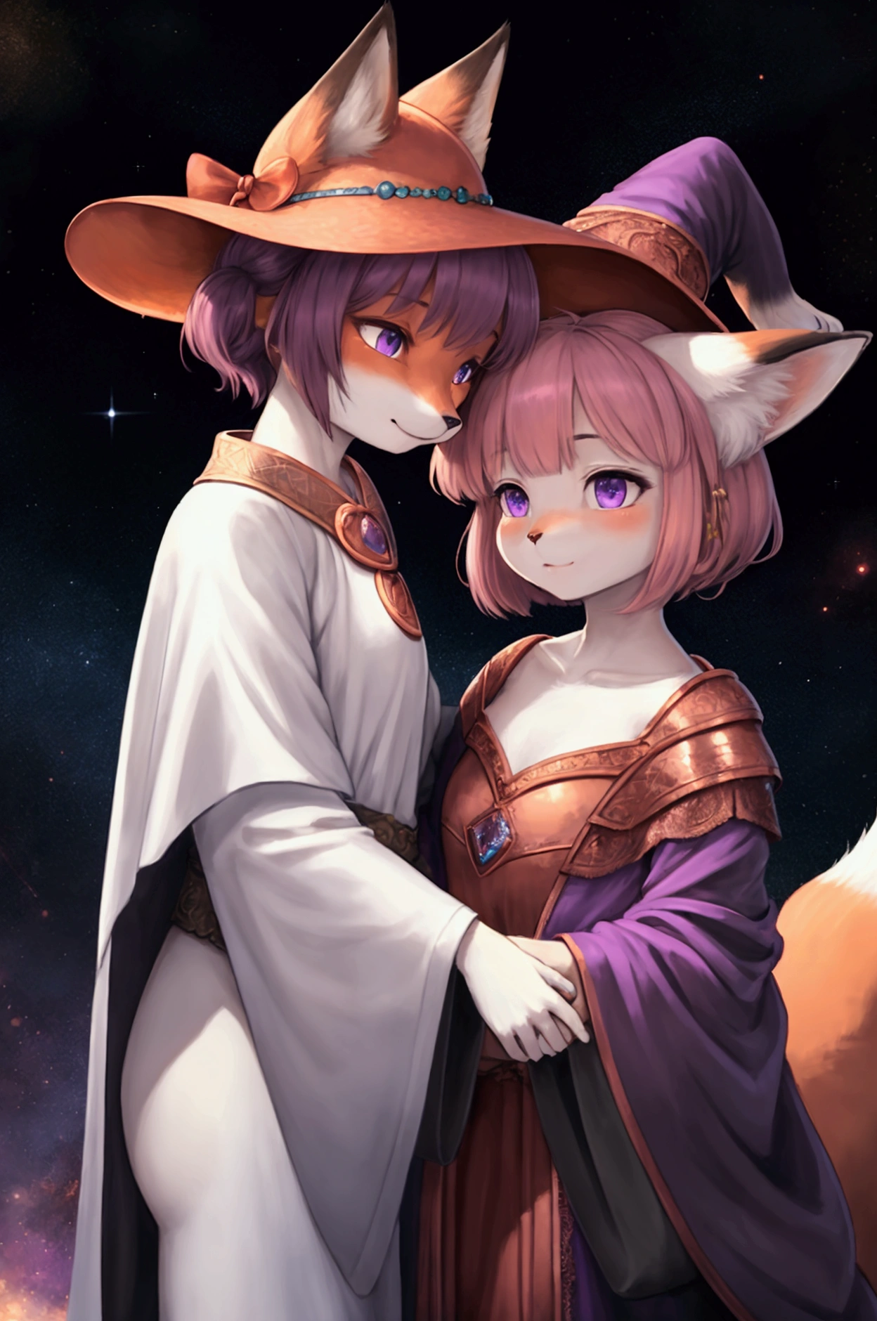 ASCIIrealistic, masterpiece, (side) view, couple portrait, two characters, cute COUPLE, lesbian couple, female couple : (female (anthro ((red) fox))), detailed and extremely fluffy body fur, glossy fur, purple eyes, round chest, ((short messy copper hair, short bangs, short blunt bob hairstyle)), (fantasy black and purple magician witch outfit, large-brimmed black with hat), half-closed eyes, closed mouth, cheeky seductive expression, embracing another, a second (female (anthro ((white)) feline cat))), flat chest, blue eyes ((long messy blonde low twin tails)), (fantasy sky blue high priestress robe with golden gemstone accessories details) uploaded on e621, (by Hasui Kawase:0.5), by Barbara Takenaga, by Affandi, by Beatrice Ethel Lithiby, by Catcouch, FurryCore, nighttime, intricately space galaxy background, ethereal magical lights, dim lighting, emitting otherworldly glow that defies the laws of natural light, detailed, realistic, 8k uhd, high quality, high quality photography, 3 point lighting, flash with softbox, 4k, Canon EOS R3, hdr, smooth, sharp focus, high resolution, award winning photo, 80mm, f2.8, bokeh, cinematic composition, cinematic lighting,highly detailed, masterpiece, best quality, realistic, (intricate:0.9), (high detail:1.4), film photography, sharp focus,