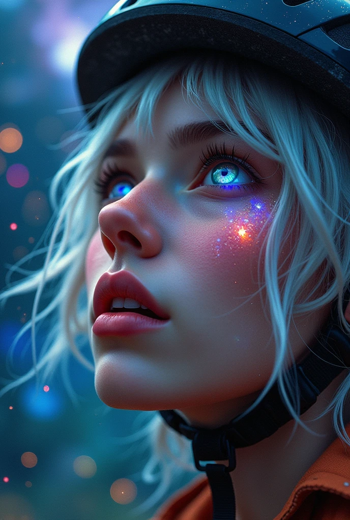 (Close-up of a better masterpiece:1.5)0.9], (Space and astronauts:1.2) (messy silver hair:1.1) (Xanthochromia heterochromia and blue eyes:1.2) (bike helmet:1.0) (colorful stars in the eyes:1.0) (A radiant glow:1.1) (thick lips:0.9)