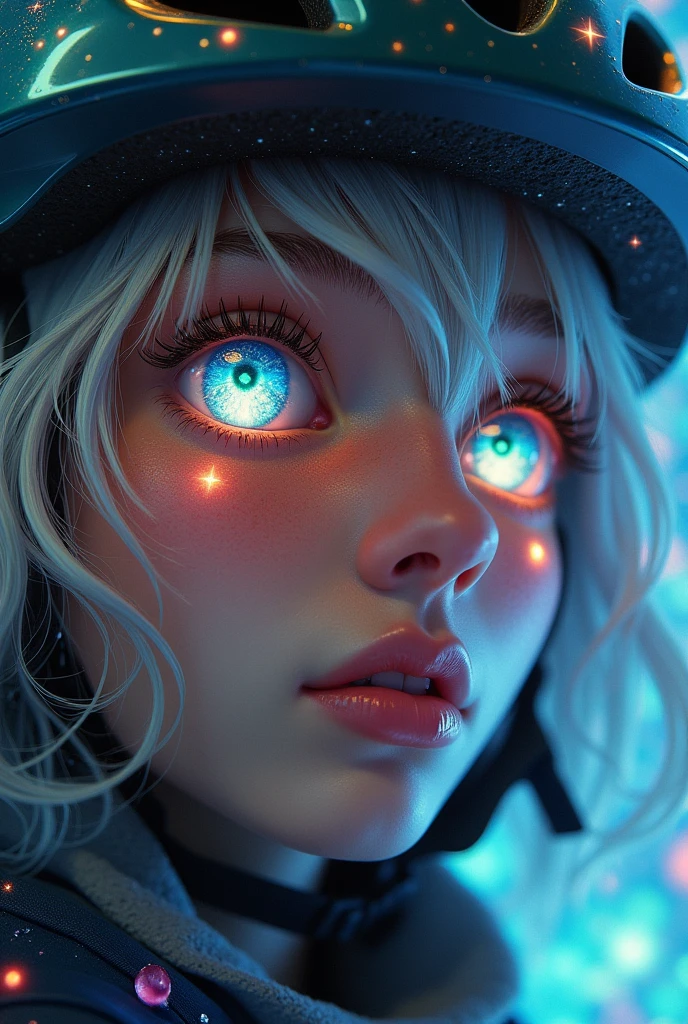 (Close-up of a better masterpiece:1.5)0.9], (Space and astronauts:1.2) (messy silver hair:1.1) (Xanthochromia heterochromia and blue eyes:1.2) (bike helmet:1.0) (colorful stars in the eyes:1.0) (A radiant glow:1.1) (thick lips:0.9)