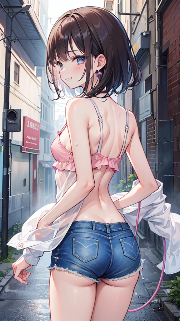 (8K、Highest image quality、best quality、masterpiece)、Detailed face、((two :2))、brown hair、short hair、brown eyes、smile、((Grinning))、earrings、((small breasts))、((pink camisole))、((Denim shorts))、Cowboy shooting、black hair、Double tail、light blue eyes、smile、((Grinning))、earrings、((small breasts))、((White camisole))、((Denim shorts))、Cowboy shooting((back alley background))、((National Science Foundation))fluid in ass、Fluid on the thighs、flowing liquid(Attractive ass:1.2),、exposed、disheveled、Clothing that fits snugly,Exposed chest、(((Wet clothing))),tube top,(((ultra-thin clothing))),(Body model),((body outline)),(Stride),grinning, blush,Hyperactive expression,Rubbing hands on crotch,raised vulva contour,saliva,