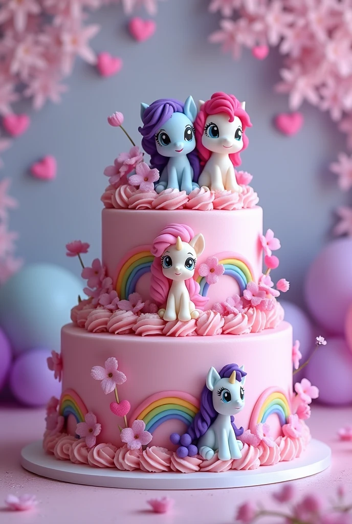 2-tier my little pony cake with whipped cream in pink, lilacs and rainbows