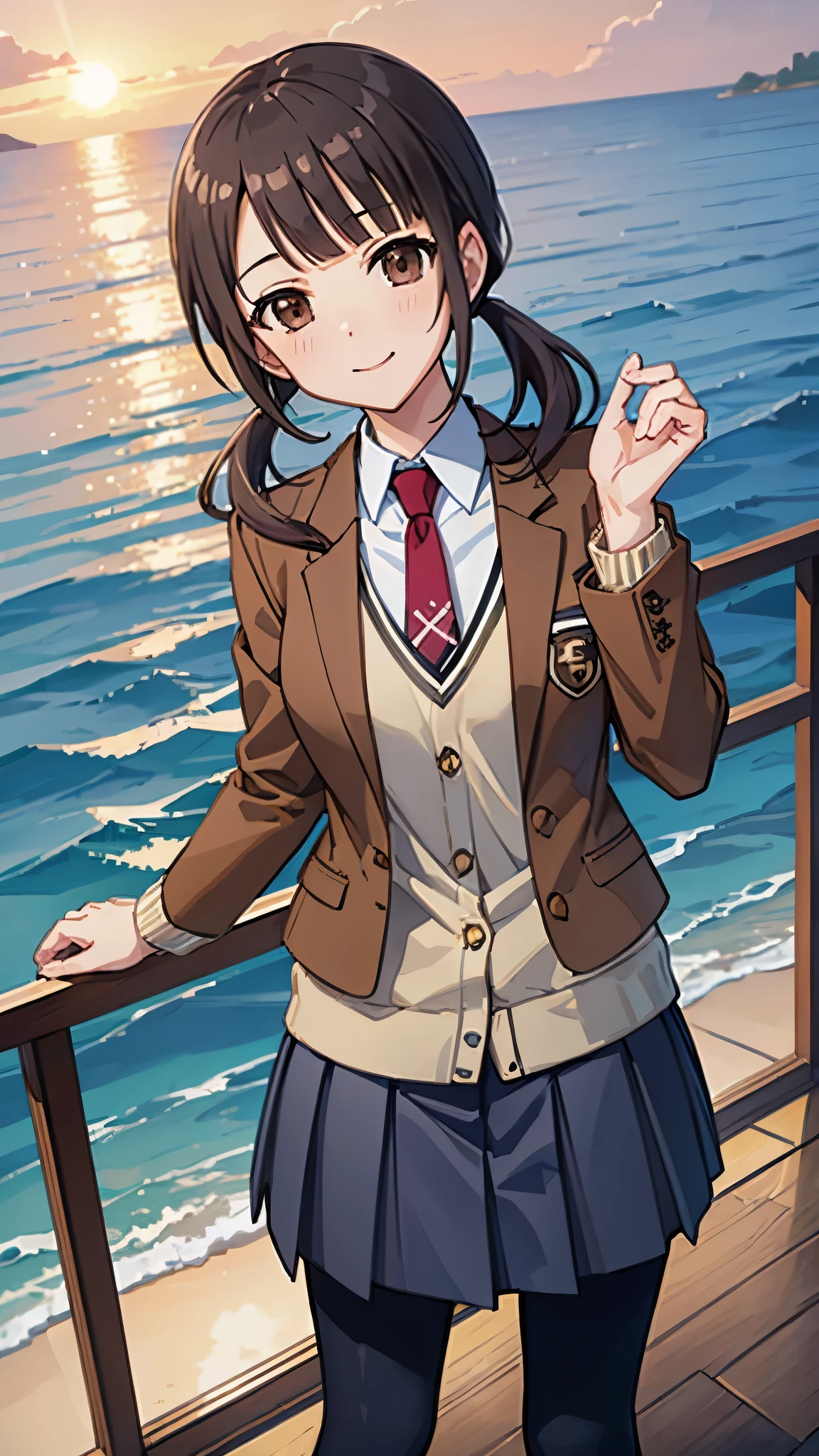 ((Highest quality)),((masterpiece)),Okitasawa smiling at the viewer at the evening sea, low twintails,brown jacket, red necktie, yellow sweater vest, blue skirt, pantyhose