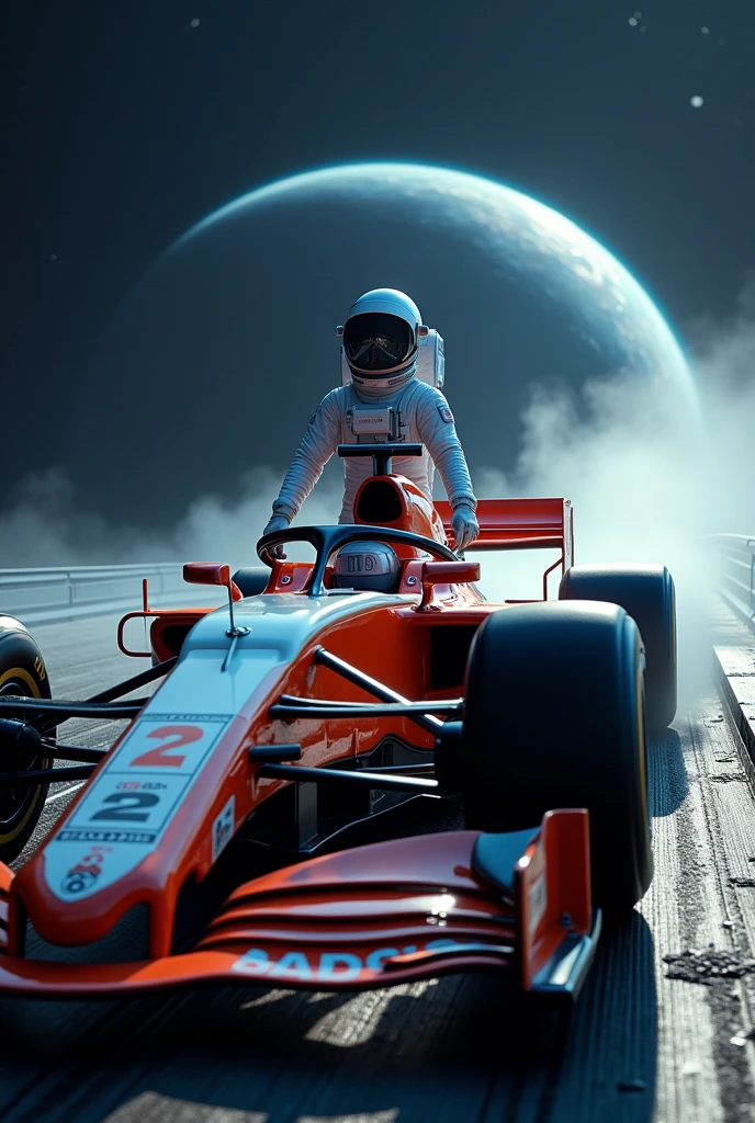 astronaut driving a formula 1 car in space