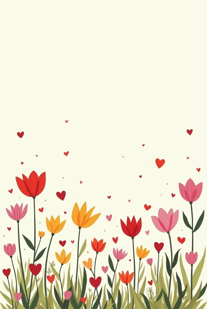 A minimalist garden drawing with colorful flowers and hearts but some withered flowers
