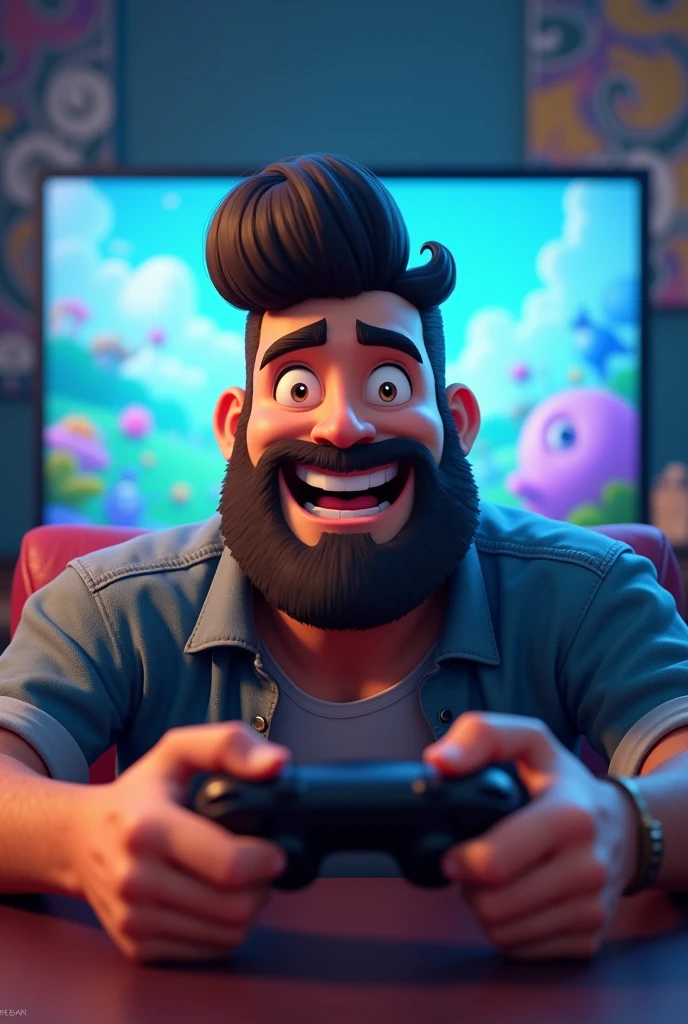 Animation style image of 70 kilo Brazilian man with beard and pompadour playing video game and having fun, with a TV and a fantasy world of games in the background