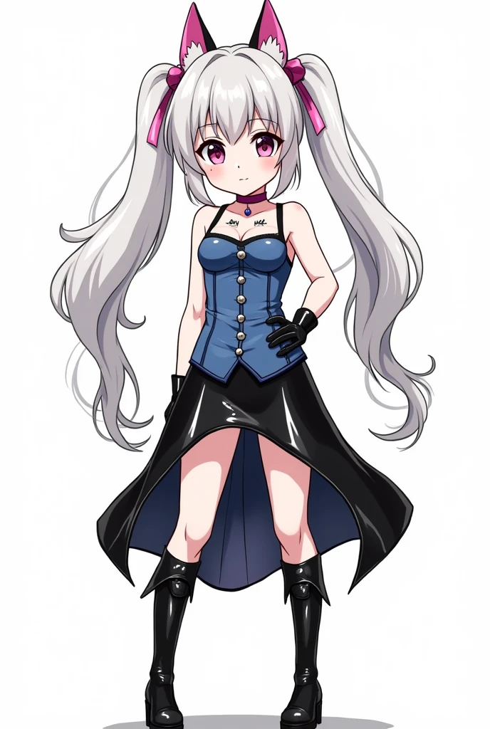 Anime line art, (monochrome), black and white, (colorless), Full body image of latex fashion girl with HARD SHARP lines, The latex should be very shinny with a lot of light bouncing off the material, young girl in a dynamic pose, 8 year old, young and cute, Japanese cartoons, Lovely, light blond shiny hair in long pigtails, (Navel tattoo), small boobs, shiny black Latex flowing skirt, blue latex corset and a black skirt. She has long blonde hair styled in two cat ears with pink tips. The girl is also wearing a pink choker necklace. black Latex gloves, Latex knee-high boots, High-gloss finish, Super detailed, (basement), 8K.
