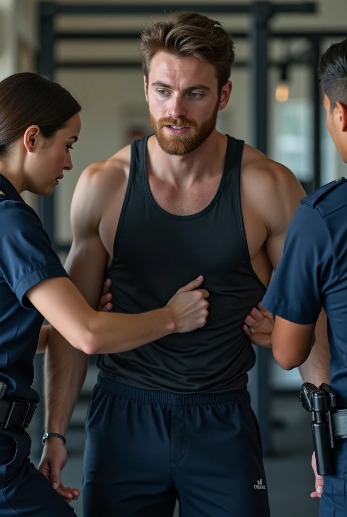 Man in gym shirt being arrested by female police officer