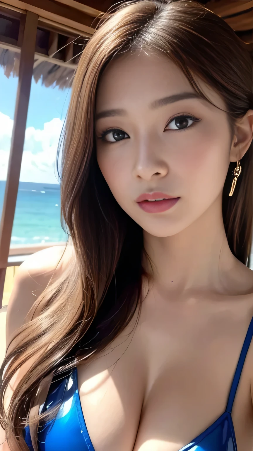 masterpiece、1 beautiful girl、 (reality: 1.4), Japanese、Asian Beauty、so beautiful、Beautiful Skin、thin、(Upper Body)、(超reality的な)、(High resolution)、(8k)、(Very detailed)、(Beautiful and beautiful eyes)、(Very detailedな)、Big eyes、Brown eyes、Long eyelashes、Detailed face、Gloss Lip,Bright lighting、Professional Lighting、Looking into the camera、Serious expression、Look straight ahead、Long Hair、Brown Hair、Ocean view、Nogizaka Idol、actress、20-year-old、Big Breasts、Big Breasts、Wet Skin、Blue Latex Suit、Cleavage cutout、、Moist and realistic skin texture、Moisturized lips、Natural Shadows、(Please raise your hand),Browsing Caution,Super High Leg、Micro Bikini