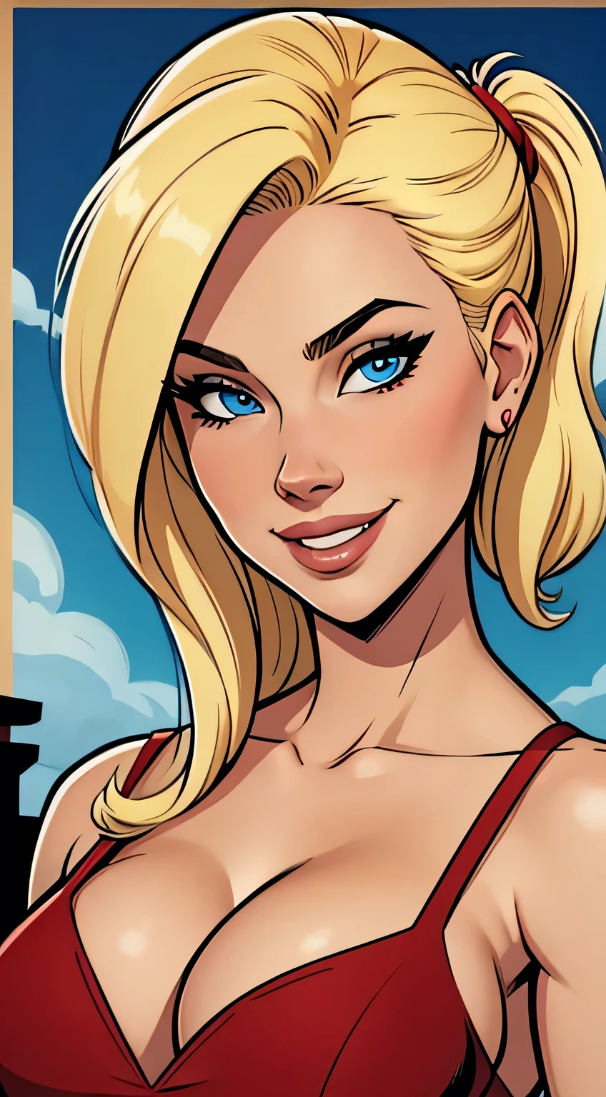 Thin woman, Scarlett Final Fantasy, beautiful smiling, red dress with v-neck, skin fair, blonde hair with a pony tail, blue colored eyes, busty. comic style.