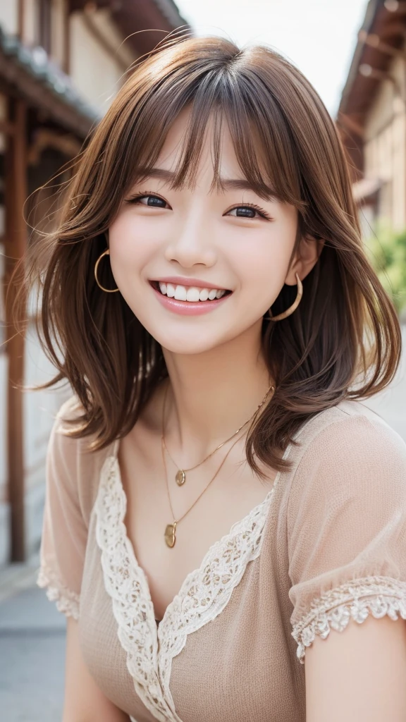 Beautiful young woman、 Korean women、Light brown hair、Wavy Hair、short hair、ear piercing、Necklace around the neck、blouse、smile、Laughing with your mouth open、Beautiful teeth alignment、Intricate details, Very detailed:1.2), 、 Looking into the camera,The background is the town